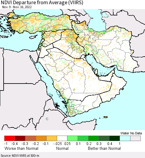 Middle East and Turkey NDVI Departure from Average (VIIRS) Thematic Map For 11/9/2022 - 11/16/2022
