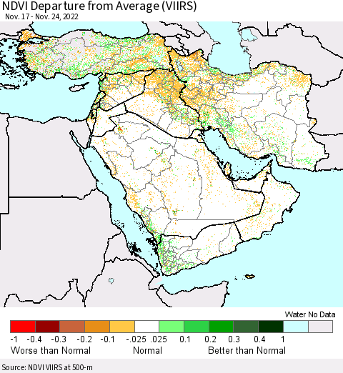 Middle East and Turkey NDVI Departure from Average (VIIRS) Thematic Map For 11/17/2022 - 11/24/2022