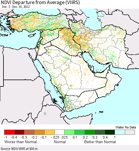 Middle East and Turkey NDVI Departure from Average (VIIRS) Thematic Map For 12/3/2022 - 12/10/2022