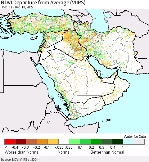 Middle East and Turkey NDVI Departure from Average (VIIRS) Thematic Map For 12/11/2022 - 12/18/2022