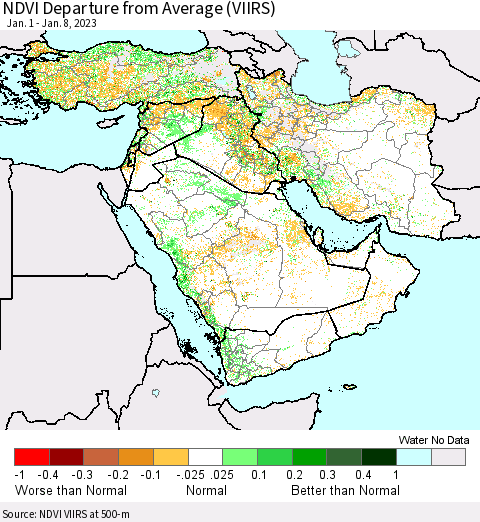 Middle East and Turkey NDVI Departure from Average (VIIRS) Thematic Map For 1/1/2023 - 1/8/2023