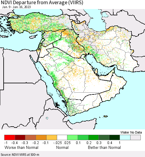 Middle East and Turkey NDVI Departure from Average (VIIRS) Thematic Map For 1/9/2023 - 1/16/2023