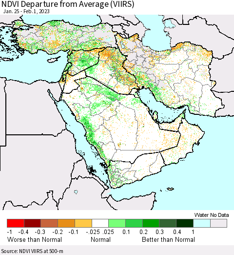 Middle East and Turkey NDVI Departure from Average (VIIRS) Thematic Map For 1/25/2023 - 2/1/2023
