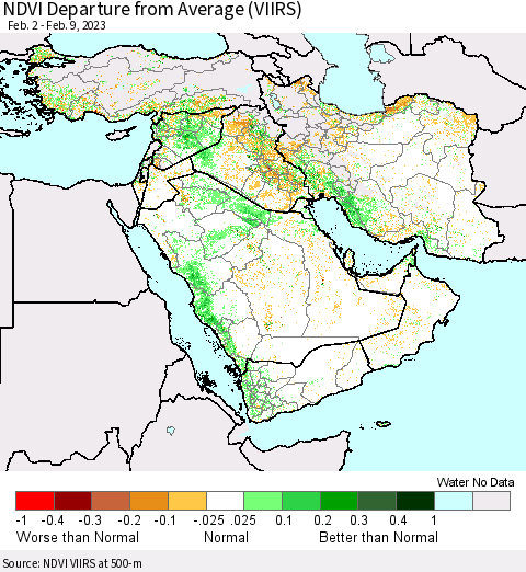 Middle East and Turkey NDVI Departure from Average (VIIRS) Thematic Map For 2/2/2023 - 2/9/2023