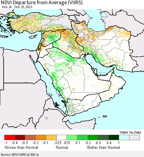 Middle East and Turkey NDVI Departure from Average (VIIRS) Thematic Map For 2/18/2023 - 2/25/2023