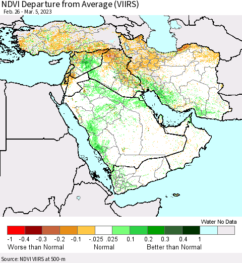Middle East and Turkey NDVI Departure from Average (VIIRS) Thematic Map For 2/26/2023 - 3/5/2023