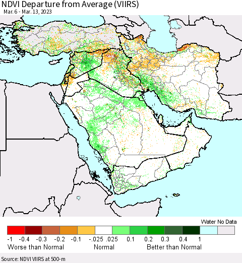 Middle East and Turkey NDVI Departure from Average (VIIRS) Thematic Map For 3/6/2023 - 3/13/2023