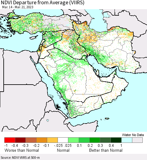 Middle East and Turkey NDVI Departure from Average (VIIRS) Thematic Map For 3/14/2023 - 3/21/2023