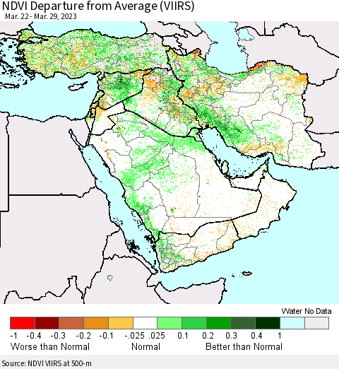 Middle East and Turkey NDVI Departure from Average (VIIRS) Thematic Map For 3/22/2023 - 3/29/2023