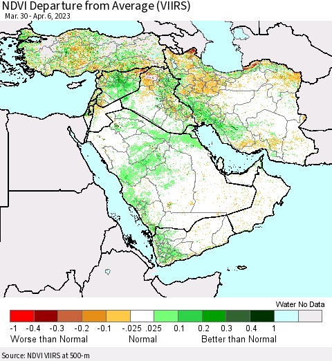 Middle East and Turkey NDVI Departure from Average (VIIRS) Thematic Map For 3/30/2023 - 4/6/2023