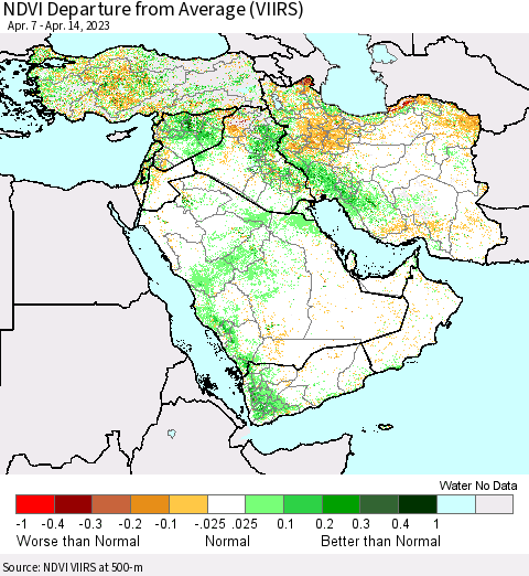 Middle East and Turkey NDVI Departure from Average (VIIRS) Thematic Map For 4/7/2023 - 4/14/2023