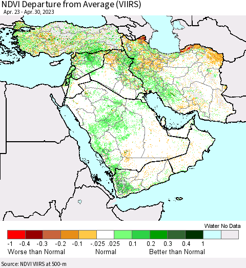 Middle East and Turkey NDVI Departure from Average (VIIRS) Thematic Map For 4/23/2023 - 4/30/2023