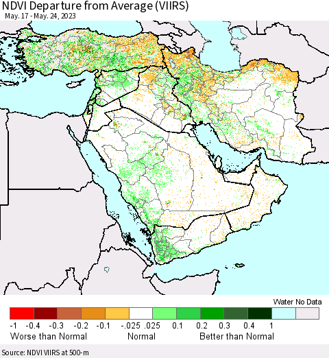 Middle East and Turkey NDVI Departure from Average (VIIRS) Thematic Map For 5/17/2023 - 5/24/2023