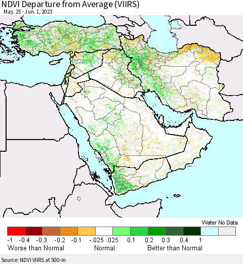 Middle East and Turkey NDVI Departure from Average (VIIRS) Thematic Map For 5/25/2023 - 6/1/2023