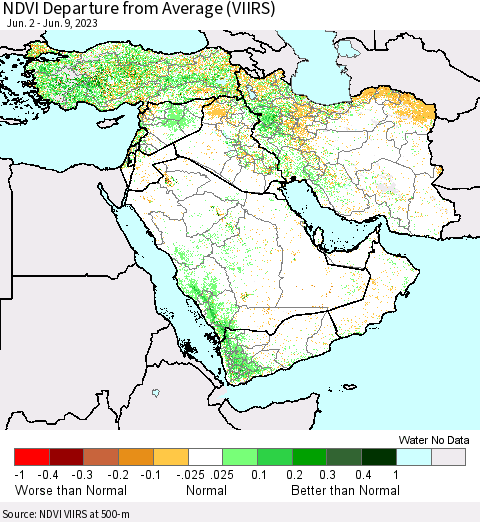 Middle East and Turkey NDVI Departure from Average (VIIRS) Thematic Map For 6/2/2023 - 6/9/2023