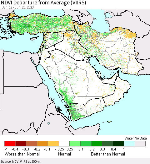 Middle East and Turkey NDVI Departure from Average (VIIRS) Thematic Map For 6/18/2023 - 6/25/2023