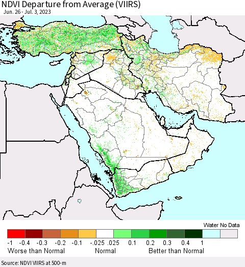 Middle East and Turkey NDVI Departure from Average (VIIRS) Thematic Map For 6/26/2023 - 7/3/2023