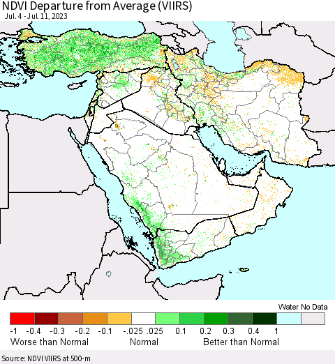 Middle East and Turkey NDVI Departure from Average (VIIRS) Thematic Map For 7/4/2023 - 7/11/2023