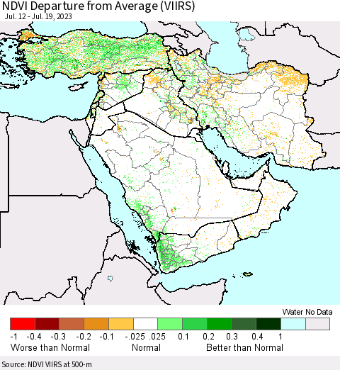 Middle East and Turkey NDVI Departure from Average (VIIRS) Thematic Map For 7/12/2023 - 7/19/2023