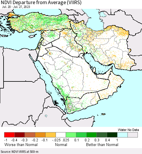 Middle East and Turkey NDVI Departure from Average (VIIRS) Thematic Map For 7/20/2023 - 7/27/2023