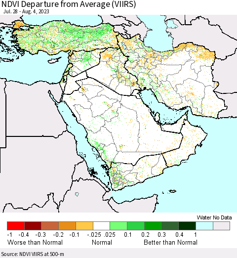 Middle East and Turkey NDVI Departure from Average (VIIRS) Thematic Map For 7/28/2023 - 8/4/2023