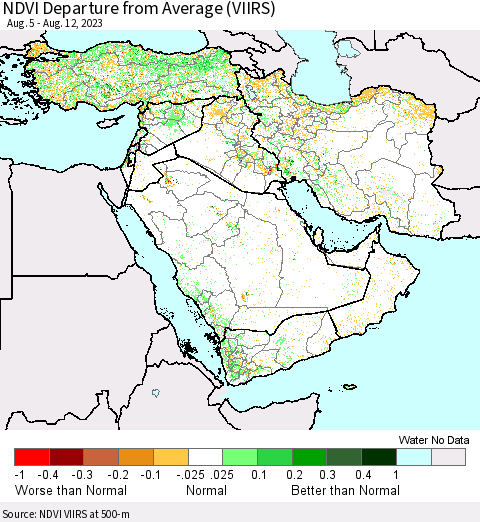 Middle East and Turkey NDVI Departure from Average (VIIRS) Thematic Map For 8/5/2023 - 8/12/2023