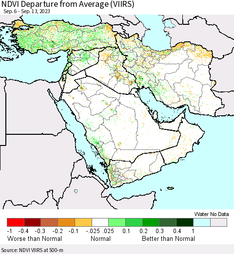 Middle East and Turkey NDVI Departure from Average (VIIRS) Thematic Map For 9/6/2023 - 9/13/2023