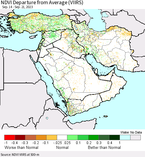 Middle East and Turkey NDVI Departure from Average (VIIRS) Thematic Map For 9/14/2023 - 9/21/2023