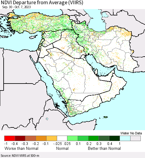 Middle East and Turkey NDVI Departure from Average (VIIRS) Thematic Map For 9/30/2023 - 10/7/2023