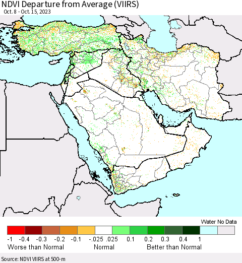 Middle East and Turkey NDVI Departure from Average (VIIRS) Thematic Map For 10/8/2023 - 10/15/2023