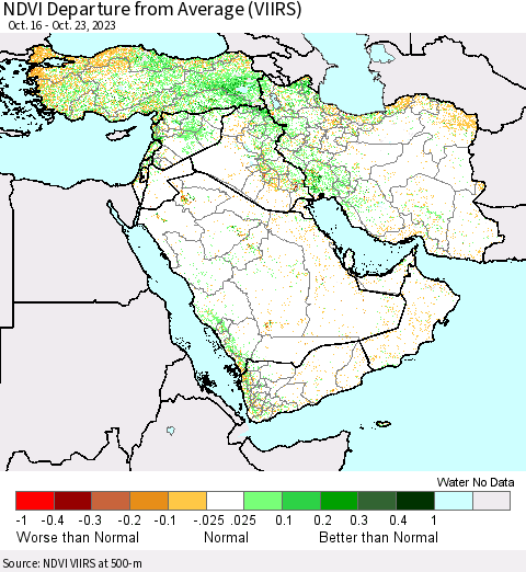 Middle East and Turkey NDVI Departure from Average (VIIRS) Thematic Map For 10/16/2023 - 10/23/2023