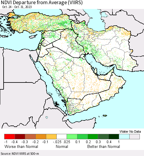 Middle East and Turkey NDVI Departure from Average (VIIRS) Thematic Map For 10/24/2023 - 10/31/2023