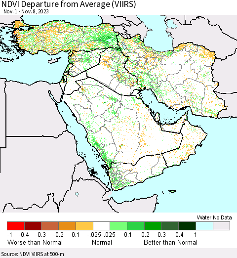 Middle East and Turkey NDVI Departure from Average (VIIRS) Thematic Map For 11/1/2023 - 11/8/2023