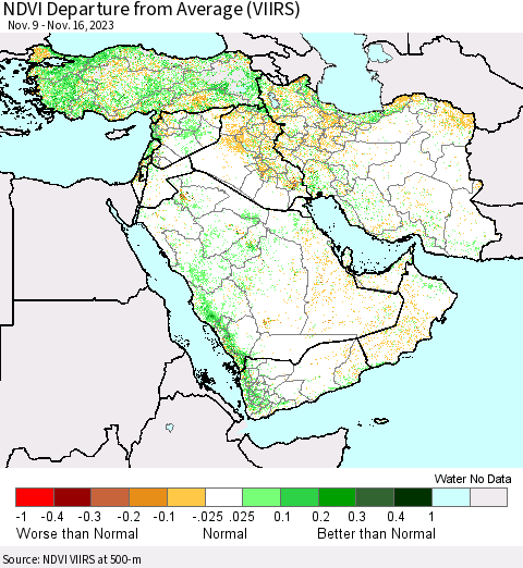 Middle East and Turkey NDVI Departure from Average (VIIRS) Thematic Map For 11/9/2023 - 11/16/2023