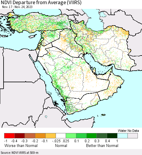 Middle East and Turkey NDVI Departure from Average (VIIRS) Thematic Map For 11/17/2023 - 11/24/2023