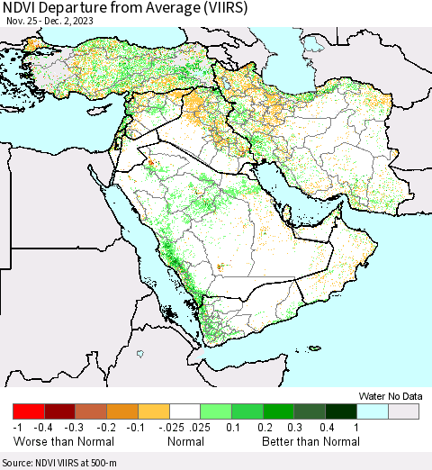 Middle East and Turkey NDVI Departure from Average (VIIRS) Thematic Map For 11/25/2023 - 12/2/2023