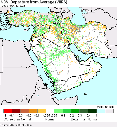 Middle East and Turkey NDVI Departure from Average (VIIRS) Thematic Map For 12/3/2023 - 12/10/2023