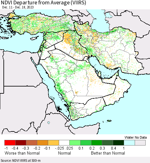 Middle East and Turkey NDVI Departure from Average (VIIRS) Thematic Map For 12/11/2023 - 12/18/2023