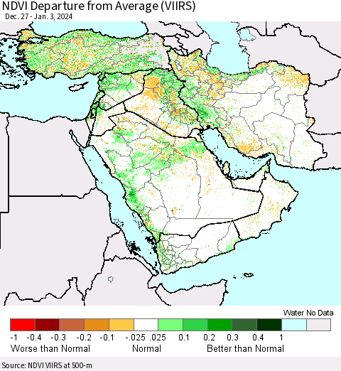 Middle East and Turkey NDVI Departure from Average (VIIRS) Thematic Map For 12/27/2023 - 1/3/2024
