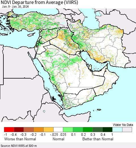 Middle East and Turkey NDVI Departure from Average (VIIRS) Thematic Map For 1/9/2024 - 1/16/2024