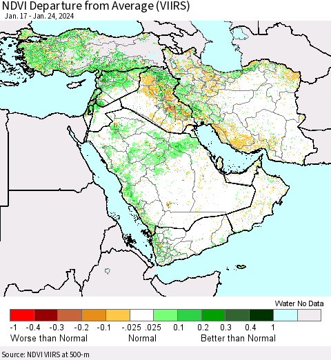 Middle East and Turkey NDVI Departure from Average (VIIRS) Thematic Map For 1/17/2024 - 1/24/2024