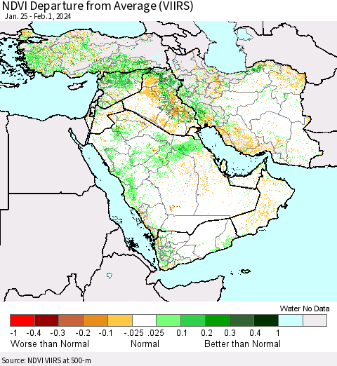 Middle East and Turkey NDVI Departure from Average (VIIRS) Thematic Map For 1/25/2024 - 2/1/2024