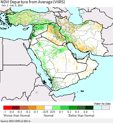 Middle East and Turkey NDVI Departure from Average (VIIRS) Thematic Map For 2/2/2024 - 2/9/2024