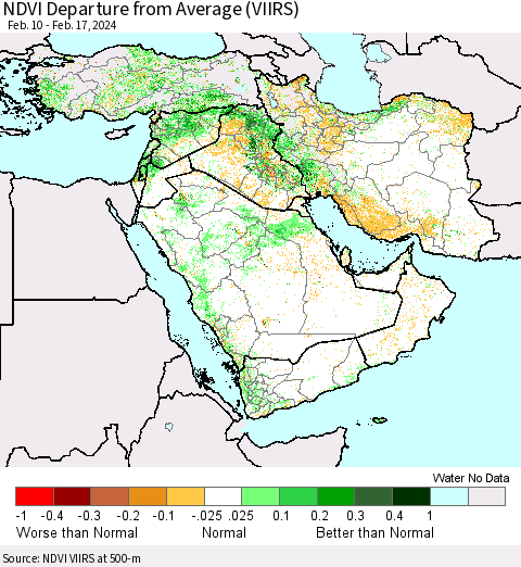 Middle East and Turkey NDVI Departure from Average (VIIRS) Thematic Map For 2/10/2024 - 2/17/2024