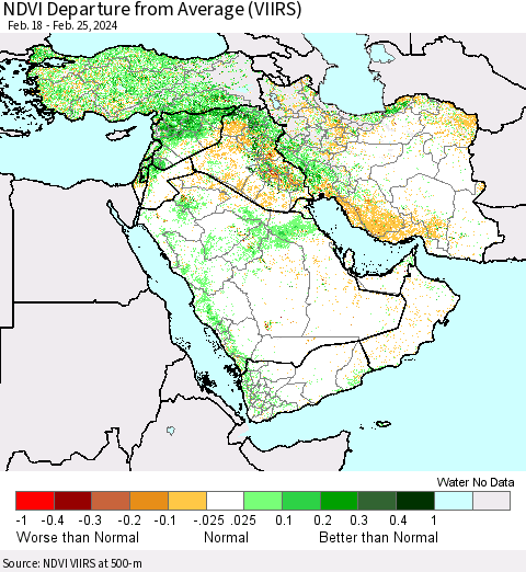 Middle East and Turkey NDVI Departure from Average (VIIRS) Thematic Map For 2/18/2024 - 2/25/2024
