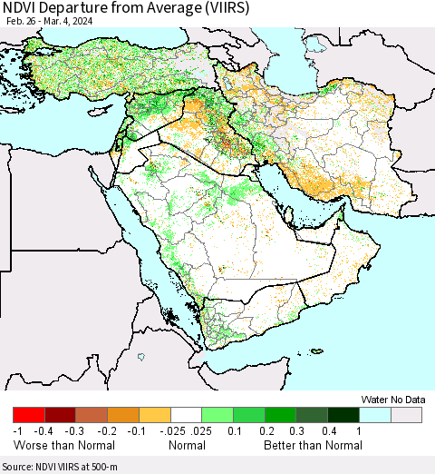 Middle East and Turkey NDVI Departure from Average (VIIRS) Thematic Map For 2/26/2024 - 3/4/2024