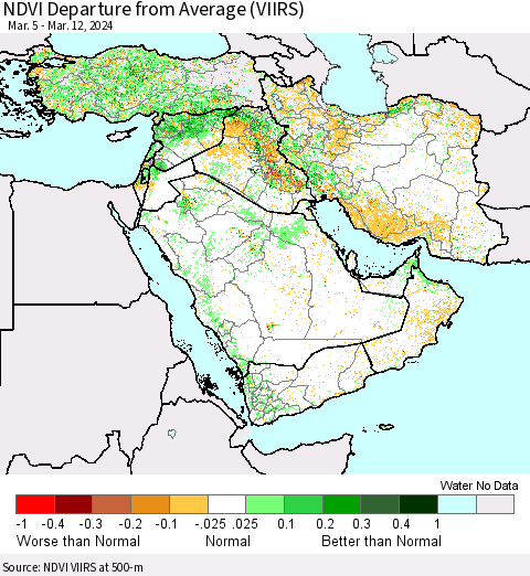 Middle East and Turkey NDVI Departure from Average (VIIRS) Thematic Map For 3/5/2024 - 3/12/2024