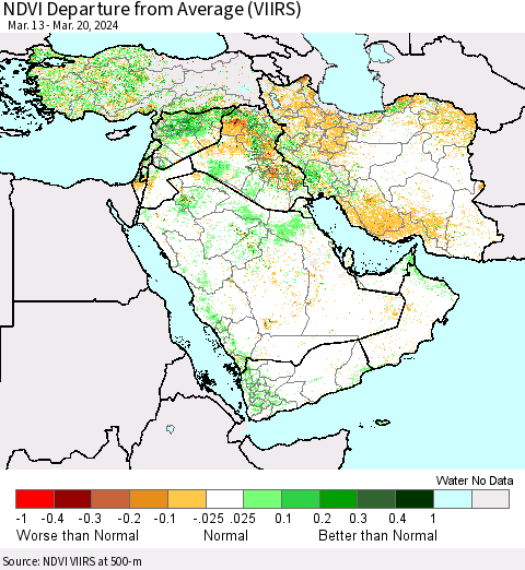Middle East and Turkey NDVI Departure from Average (VIIRS) Thematic Map For 3/13/2024 - 3/20/2024