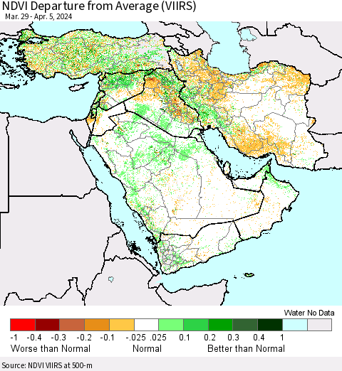 Middle East and Turkey NDVI Departure from Average (VIIRS) Thematic Map For 3/29/2024 - 4/5/2024