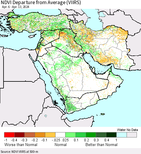 Middle East and Turkey NDVI Departure from Average (VIIRS) Thematic Map For 4/6/2024 - 4/13/2024